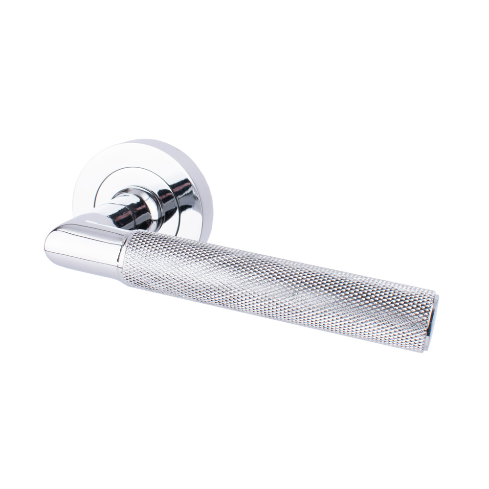 Dart Heavy Cast Brass Knurled Lever Door Handle - Unsprung on a Concealed Round Rose (Sold in Pairs) - Polished Chrome